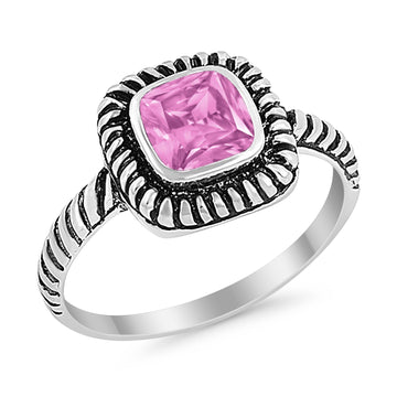 Princess Cut Simulated Pink Cubic Zirconia Oxidized Design Ring 925 Sterling Silver